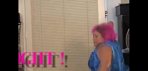  Fat pink-haired whore screams in pleasure when a black dildo drills her cunt